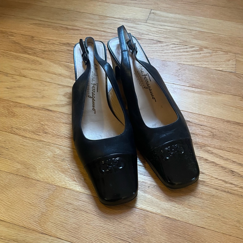 Salvatore Ferragamo Black Patent Slingback Heels